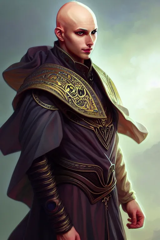 Image similar to casual male bald aasimar warlock portrait, highly detailed, digital painting, artstation, sharp focus, illustration, art by tan zi and ayanamikodon and alphonse mucha and wlop