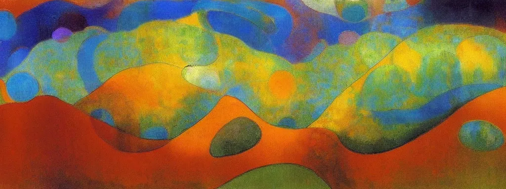 Image similar to An insane, modernist landscape painting. Wild energy patterns rippling in all directions. Curves, organic, zig-zags. Mountains, clouds. Rushing water. Waves. Psychedelic dream world. Odilon Redon. Matisse landscape painting.