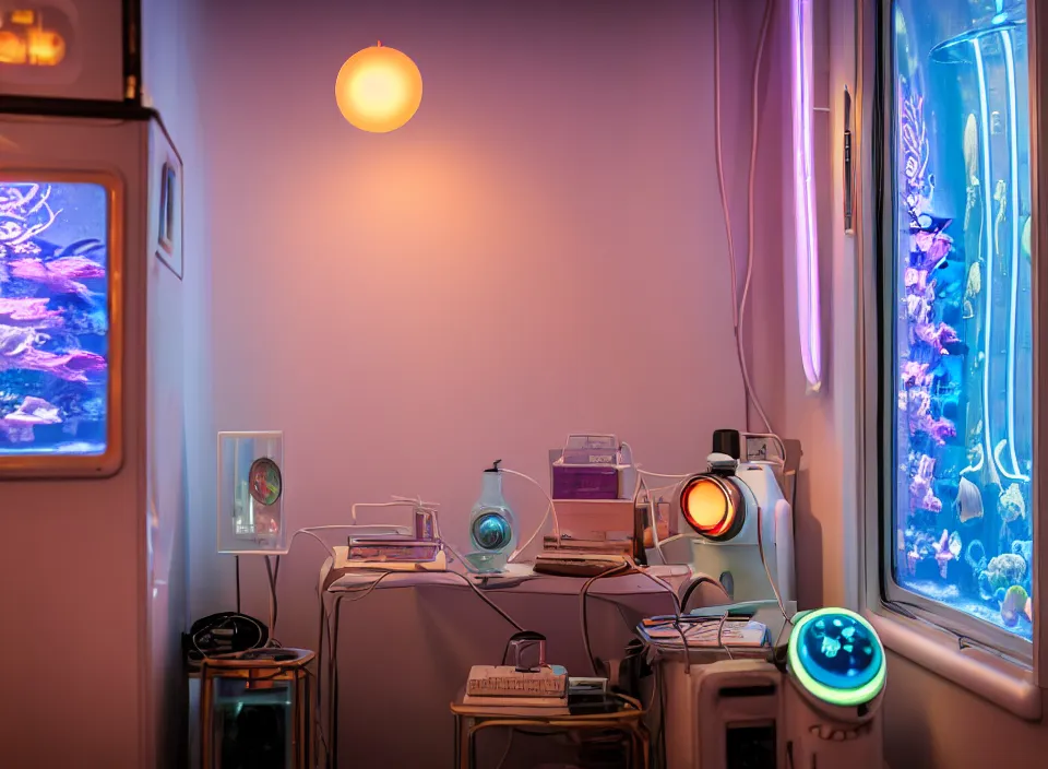 Prompt: telephoto 7 0 mm f / 2. 8 iso 2 0 0 photograph depicting the feeling of insomnia in a cosy cluttered french sci - fi ( art nouveau ) pale cyberpunk apartment in a pastel dreamstate art cinema style. ( aquarium, computer screens, window ( city ), led indicator, lamp ( ( ( photobooth ) ) ) ), ambient light.