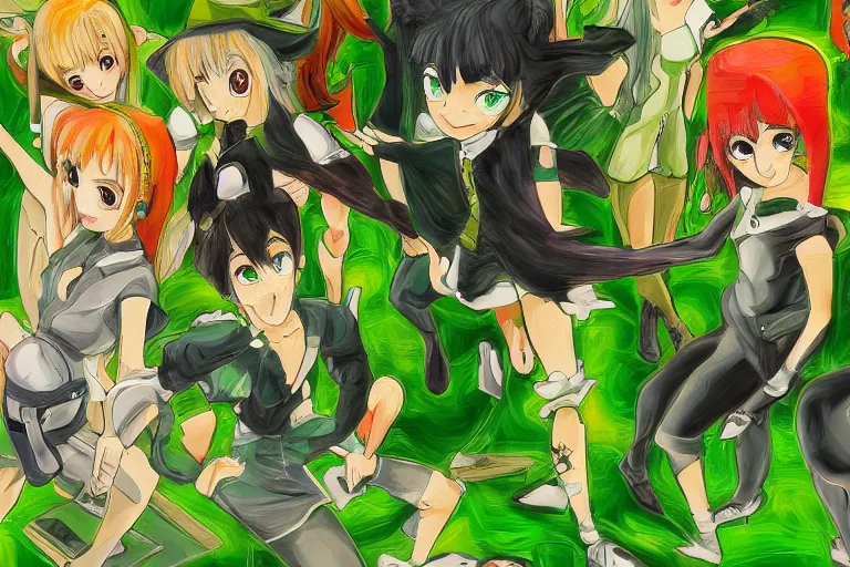 Prompt: oil painting of mashup anime on a green wall, green overtones, highly detailed, stylized, abstract