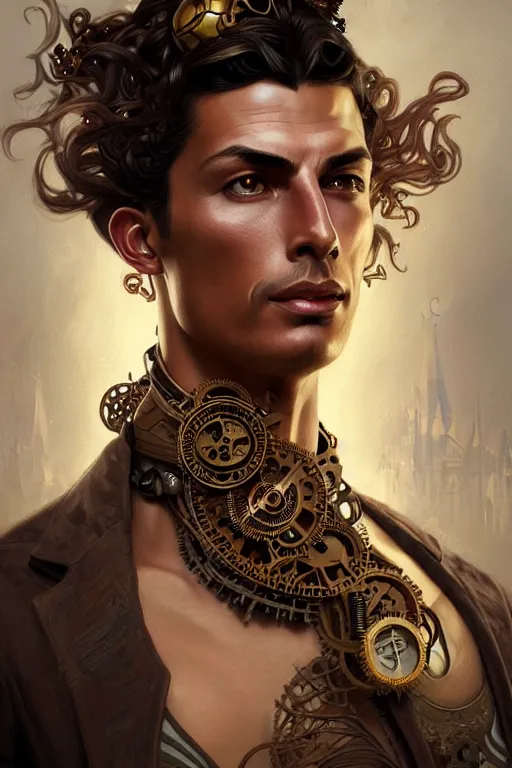 Prompt: Portrait of steampunk Cristiano Ronaldo, D&D, face, fantasy, intricate, elegant, highly detailed, digital painting, artstation, concept art, smooth, sharp focus, illustration, art by artgerm and greg rutkowski and alphonse mucha