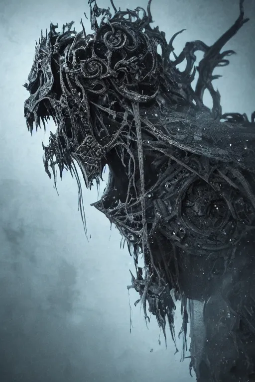 Image similar to a portrait of an ancient decayed lich king, dark fantasy setting, dynamic pose, cobwebs and dust, decay, close - up, intricate details, intricately detailed clothing, intricate textures, warm lighting, vivid colors, smoke and mist, realistic octane render, hyper realistic render, volumetric shading, depth of field, raytracing, 8 k,