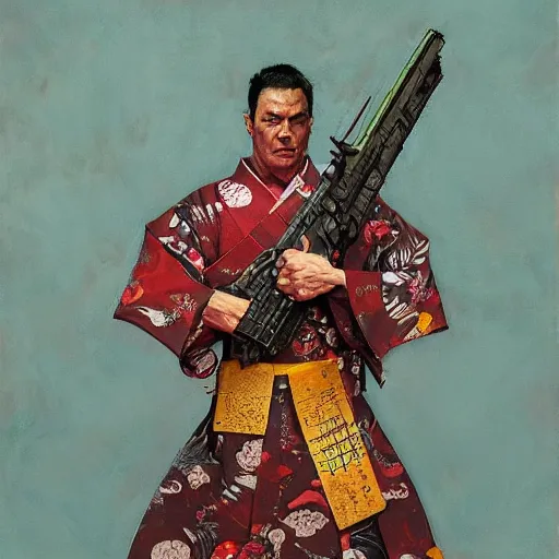 Prompt: the doomslayer wearing a kimono, portrait art by norman rockwell and donato giancola and greg rutkowski,