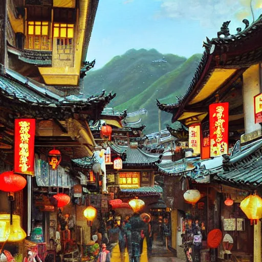 Image similar to a portrait in jiufen taiwan an oil painting by ross tran and thomas kincade