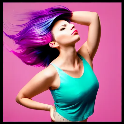 Prompt: a award winning half body portrait of a beautiful woman in a croptop with a ombre purple pink teal hairstyle with head in motion and hair flying, teal gradient background, outrun, vaporware, vivid colors, highly detailed, fine detail, intricate