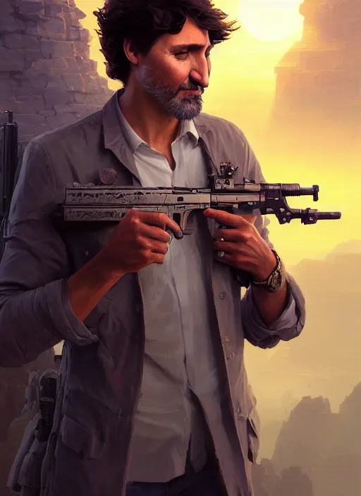 Image similar to highly detailed portrait justin trudeau in ( ( osama bin laden ) ) holding desert eagle! in saints row iv stephen bliss unreal engine fantasy art by greg rutkowski loish rhads ferdinand knab makoto shinkai lois van baarle ilya kuvshinov rossdraws tom bagshaw global illumination radiant light detailed intricate environment