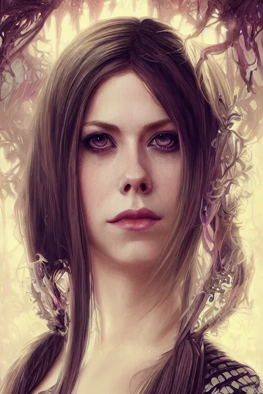 Image similar to portrait of avril lavigne, 2 5 years old, upper body, d & d, fantasy, intricate, elegant, highly detailed, digital painting, artstation, concept art, smooth, sharp focus, illustration, art by artgerm and greg rutkowski and alphonse mucha