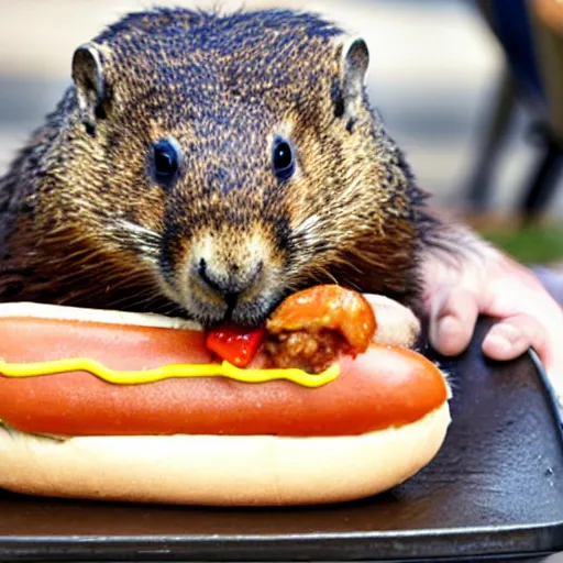 Image similar to a groundhog eating a hot dog