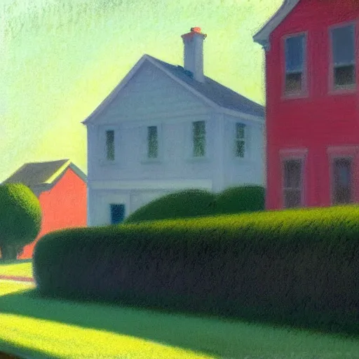 Image similar to suburban american neighborhood on early morning with mist over the houses, painting by edward hopper, illustration, 4k, high quality, 1980, pastel colors, film grain,