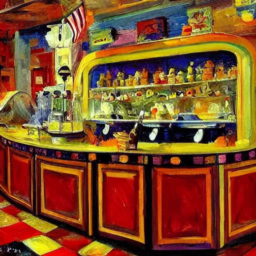 Prompt: a colorful fanciful ice cream parlor counter, by lenoid afremov, by thomas eakins