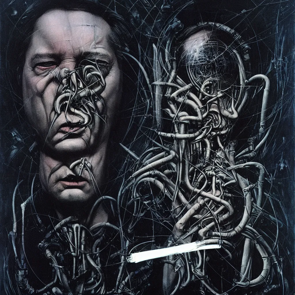 Image similar to futuristic portrait of bill hicks smoking in the style of hans giger, dark atmosphere, lovecraftian background, lynchian atmosphere, film noir, concept art, art by kuvshinov ilya and zdislav beksinski and wayne barlowe and hans giger