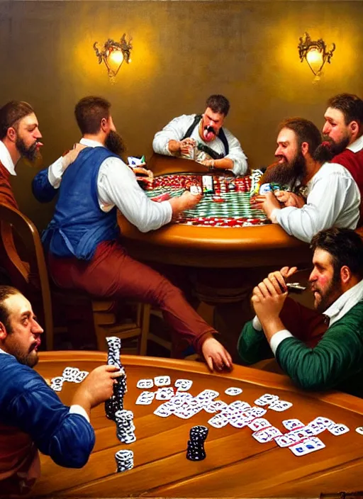 Prompt: large computer table octoberfest invite card, men drinking beer and playing poker, angry, world series of poker, beer bottles, photoshoot, 4 k, hyper realistic, natural, highly detailed, digital illustration, trending in artstation, classical painting, smooth, sharp focus art by ilya repin