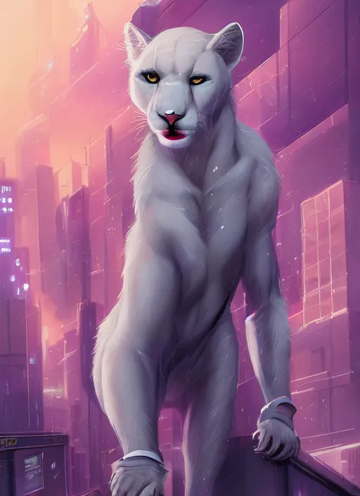 Prompt: award winning beautiful portrait commission of a male furry anthro albino mountain lion fursona with a tail and a cute beautiful attractive detailed furry face wearing stylish cyberpunk clothes in a cyberpunk city at night while it rains. Vaporwave. Character design by charlie bowater, ross tran, artgerm, and makoto shinkai, detailed, inked, western comic book art