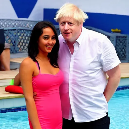 Image similar to Boris Johnson in the love island pool neon flirting with girl