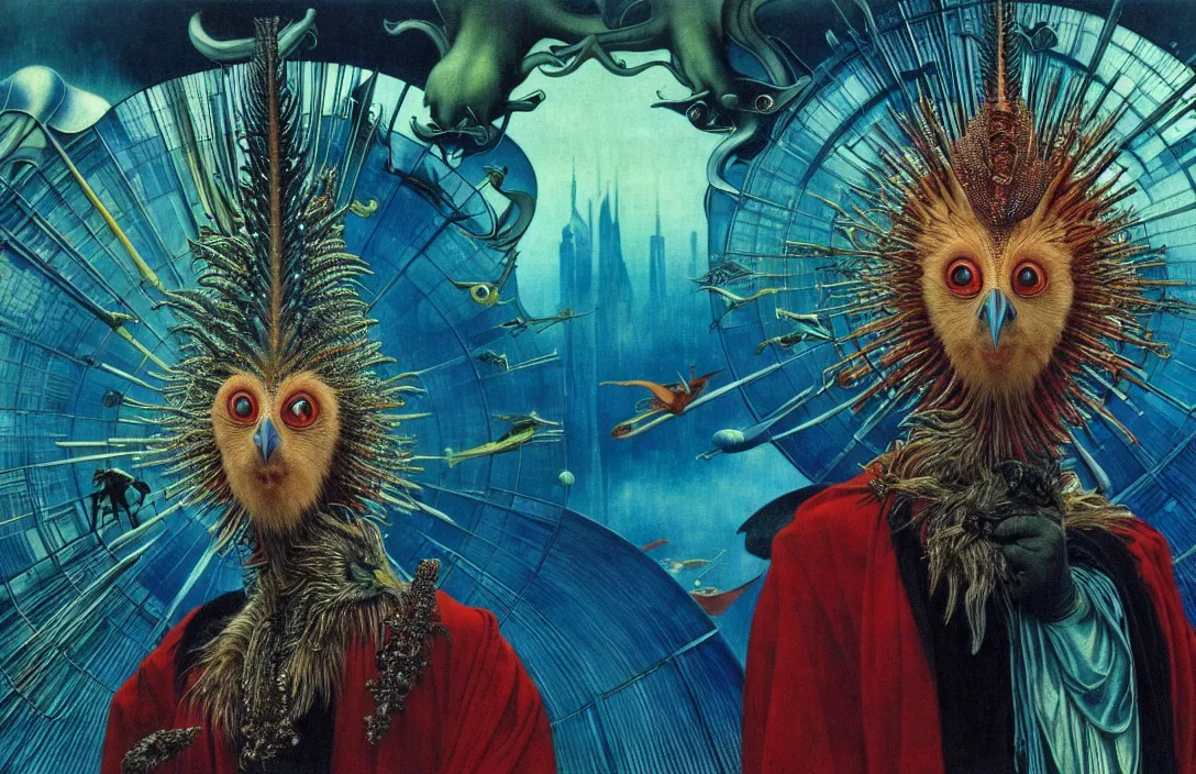 Image similar to realistic detailed portrait movie shot of a birdman wearing black reflective robes, sci fi city landscape background by denis villeneuve, amano, yves tanguy, alphonse mucha, ernst haeckel, max ernst, roger dean, masterpiece, rich moody colours, blue eyes, snarling dog teeth