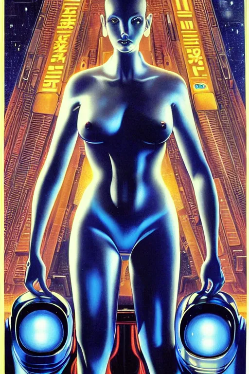 Prompt: space alien art by Hajime Sorayama and Artemisia Gentileschi, centered, symmetrical, led, blue lazers, bilateral symmetry, third person, 80s poster, sci fi, blade runner, kubrik, 2D matte illustration