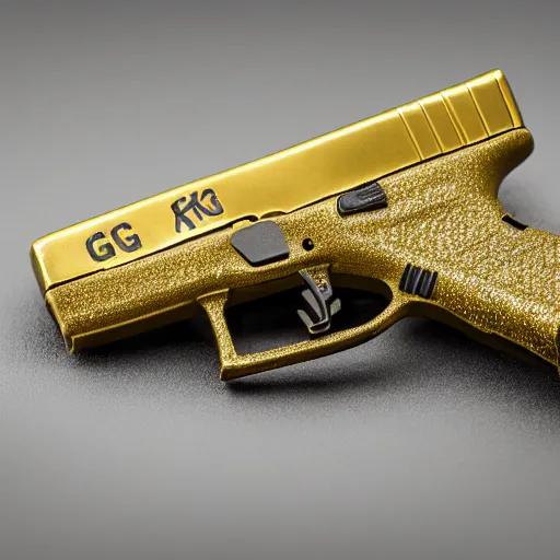 Image similar to a medium shot photograph of a gold glock 18 encrusted with gemstones against a smooth silk background