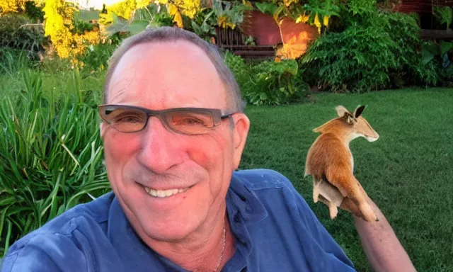 Prompt: My dad Steven just took a hit from the bongo and have good time being gracefully relaxed in the garden, sunset lighting. My second name is Carell. My dad second name is Carell