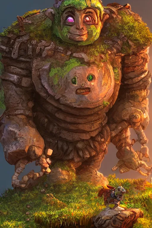 Image similar to zelda fantasy art giant golem troll wood rock greeble gemstone, global illumination ray tracing hdr fanart arstation by sung choi and eric pfeiffer and gabriel garza and casper konefal