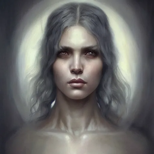 Image similar to painting of a beautiful grey haired girl with muscles, by tom bagshaw, greg rutkowski, wlop