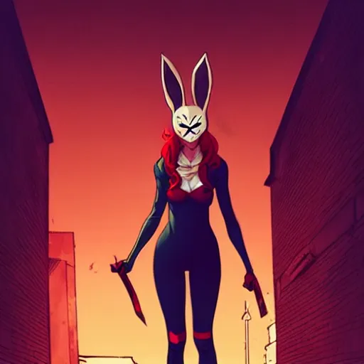 Prompt: style of Jaime McKelvie and Joshua Middleton comic book art, bunny mask female villain The Purge holding a knife red, standing in an alleyway, full body sarcastic pose, knee high socks, symmetrical body, realistic body, night, horror