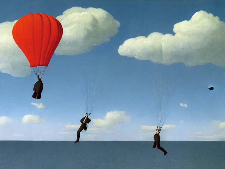 Prompt: Man parachuting onto a small island in the middle of a big lake painting by rene magritte, high detail, high resolution