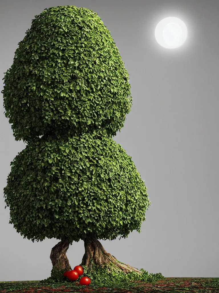 Image similar to highly detailed 3 d render of a mythical tree with sparse leaves of tomato, mozzarella, basil, hyper realistic octane render, cinematic lighting, deviantart, lowbrow, surrealism, pixar still