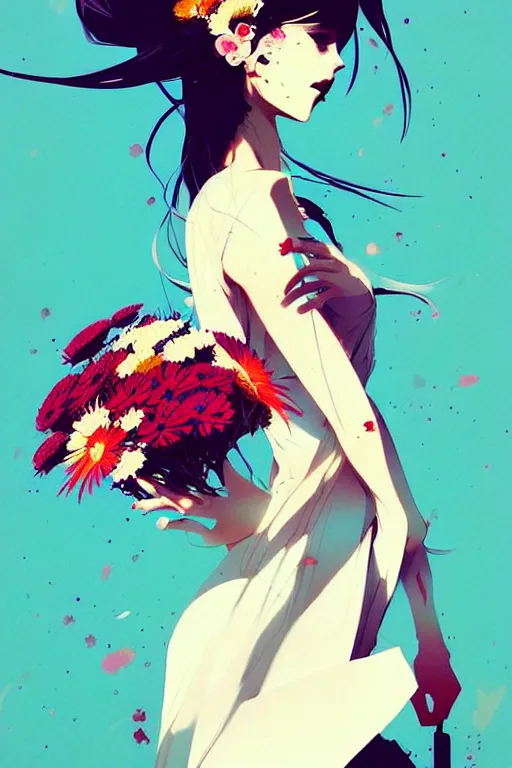 Image similar to a ultradetailed painting of a stylish girl holding a bouquet of flowers by conrad roset, greg rutkowski and makoto shinkai trending on artstation