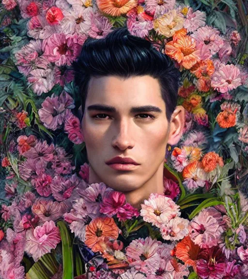 Image similar to portrait of a very handsome peruvian male model, surrounded by flowers by karol bak, james jean, tom bagshaw, rococo, trending on artstation, cinematic lighting, hyper realism, octane render, 8 k, hyper detailed.