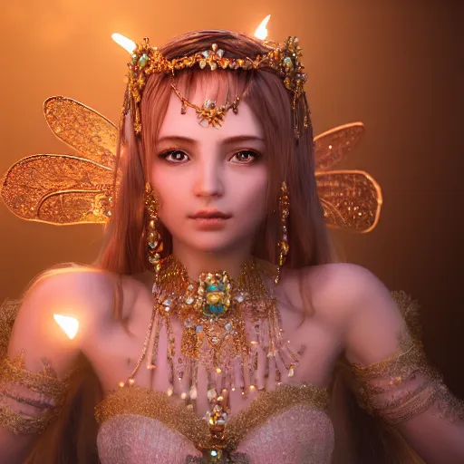 Image similar to portrait of fairy princess, glowing, ornate and intricate jewelry, jaw dropping beauty, glowing background lighting, white accent lighting, fairy tale, hyper detailed, 4 k octane render