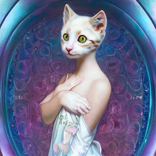 Image similar to a photograpic portrait of a anthropomorphic kitten wearing white clothes, iridescent colors, fantasy, intricate, elegant, highly detailed, digital painting, artstation, concept art, smooth, sharp focus, illustration, art by artgerm and H R Giger and alphonse mucha