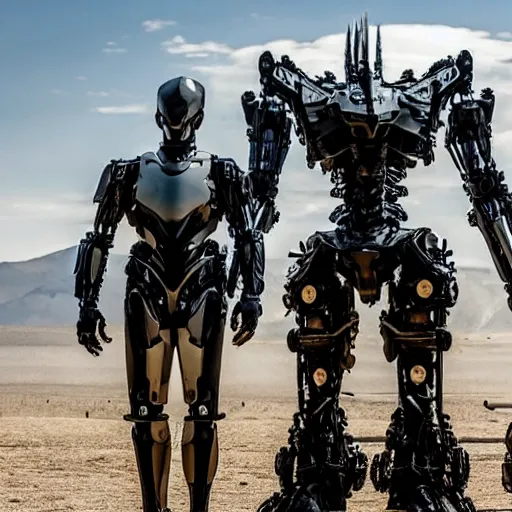 Image similar to cinematic still in westworld and pacific rim movie and real steel movie, one slim full body ornate intricate humanoid mega mech by fujioka kenki and by mamoru nagano