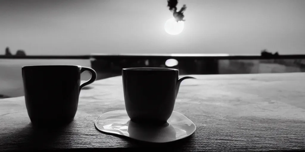 Image similar to a cup of eye, morning, black and white, sun, calm environment, professional photography, focus