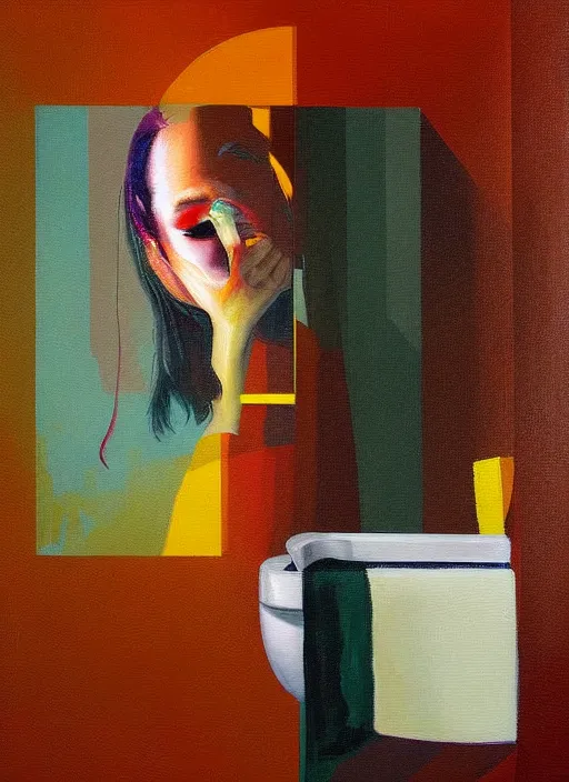 Prompt: a beautiful glitched painting by christian hook and alex kanevsky of a woman in a bathroom, still life, warm colors
