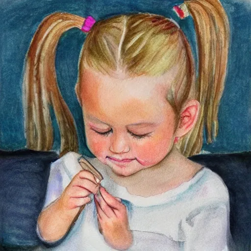 Image similar to 3 year old blonde girl in pigtails looking down at iphone, pencil and watercolor on white by eloise wilkin