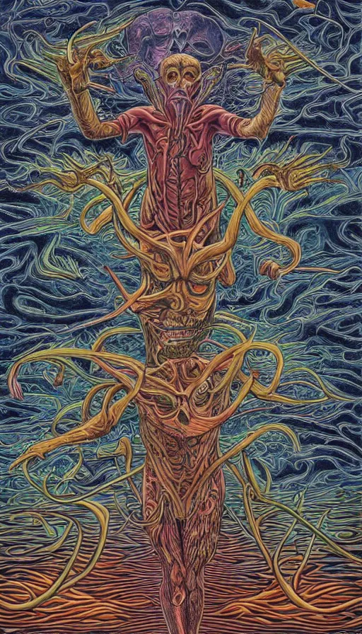 Image similar to man on boat crossing a body of water in hell with creatures in the water, sea of souls, by alex grey,