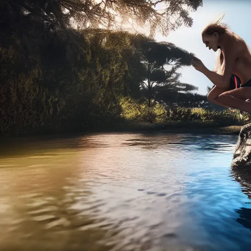 Image similar to photo of a woman jumping in a basin with a dog, gorgeous view, depth, high detail, trending on artstation