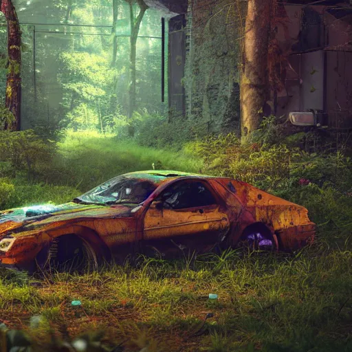 Image similar to abandoned car in the woods, colorful, cyberpunk, dirty, octane render, substance painter, zbrush, trending on artstation, 8K, highly detailed.