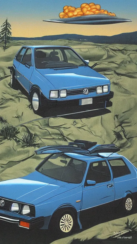 Image similar to 1 9 8 0 s airbrush surrealism illustration of a vw golf by don wieland