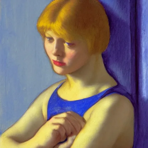 Image similar to close up of a girl in a blue and gold haunted liminal abandoned room, film still by edward hopper, by Pontormo, by klimt, art noveau, highly detailed, strong lights, liminal, eerie, Bright pastel colors