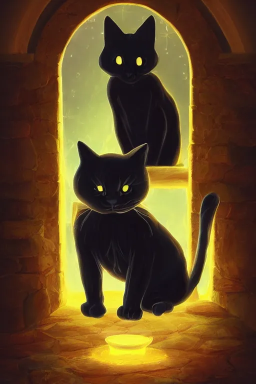 Prompt: chanting black cat sitting next to a glowing doorway, digital illustration, artstation, artstation hq, hd