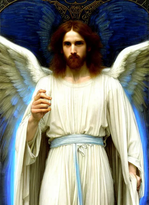 Prompt: portrait of beautiful male archangel in white robes with blue light streaming down from heaven, pre - raphaelite painting by john william waterhouse, trending on artstation. highly detailed, symmetrical face.