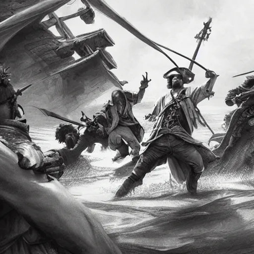 Image similar to close up of biggest pirate battle ever, pencil sketch, realistic shaded, fine details, realistic shaded lighting poster by greg rutkowski