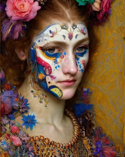 Image similar to a beautiful girl wearing colourful face paint surrounded by bright intricate patterns, by edgar maxence and caravaggio and michael whelan, intricate painting, hyper realistic, extremely detailed and beautiful aesthetic face, 8 k resolution