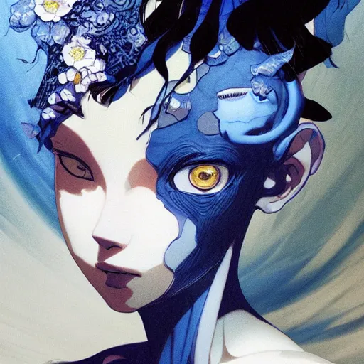 Image similar to prompt : ivory and blue and black portrait soft light painted by james jean and katsuhiro otomo and erik jones, inspired by evangeleon anime, smooth face feature, intricate oil painting, high detail illustration, sharp high detail, manga and anime 1 9 9 9