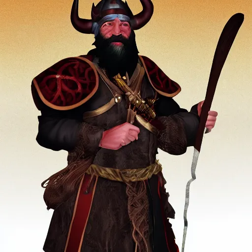 Image similar to dnd render of a man, red, a big black beard, golden eyes, 2 curved horns, one broken horn,