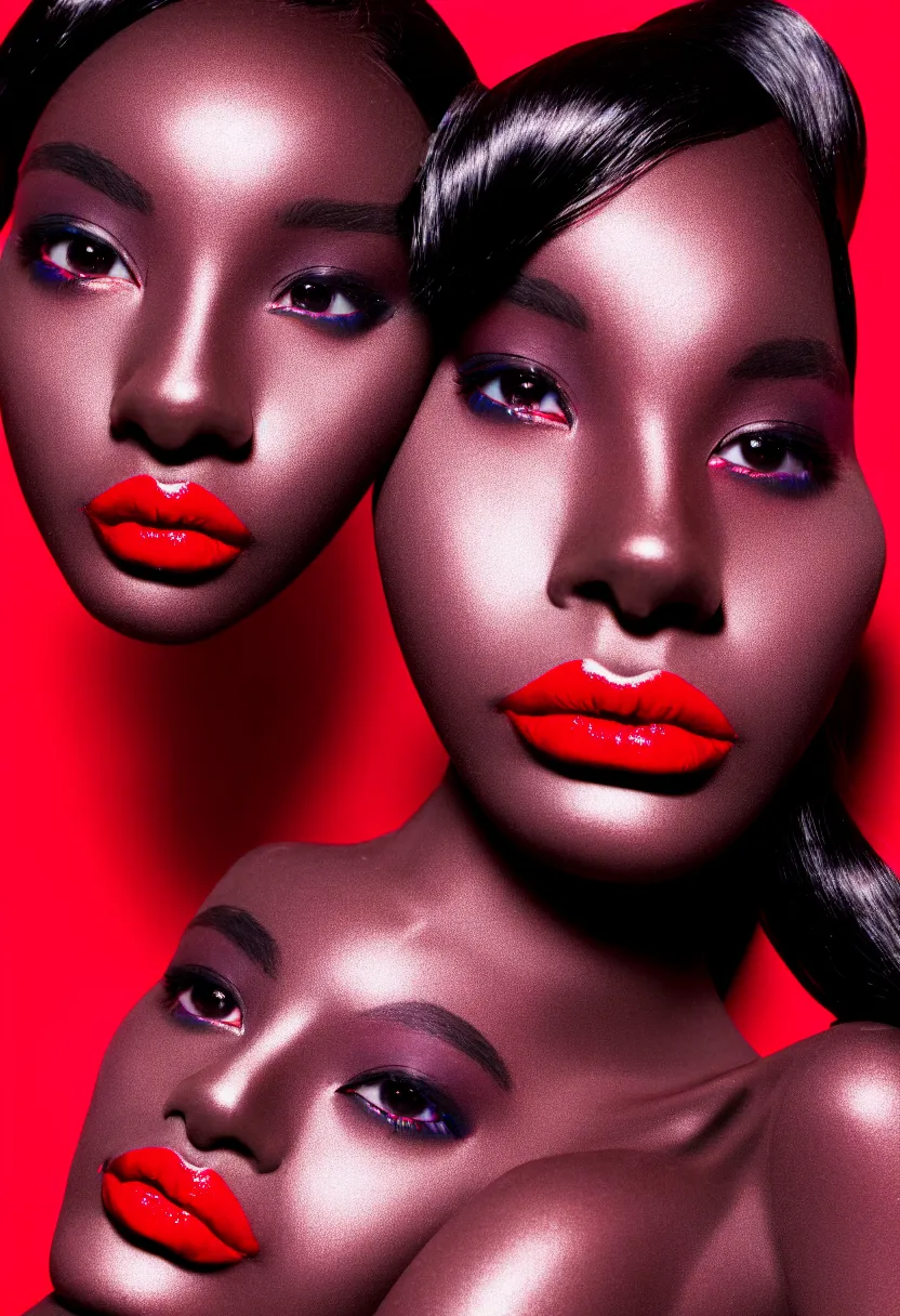 Prompt: medium shot, photograph of alluring dark skin female robot looking into camera, red lipstick, sharp focus,, chromatic abberations, as fashion editorial 90s