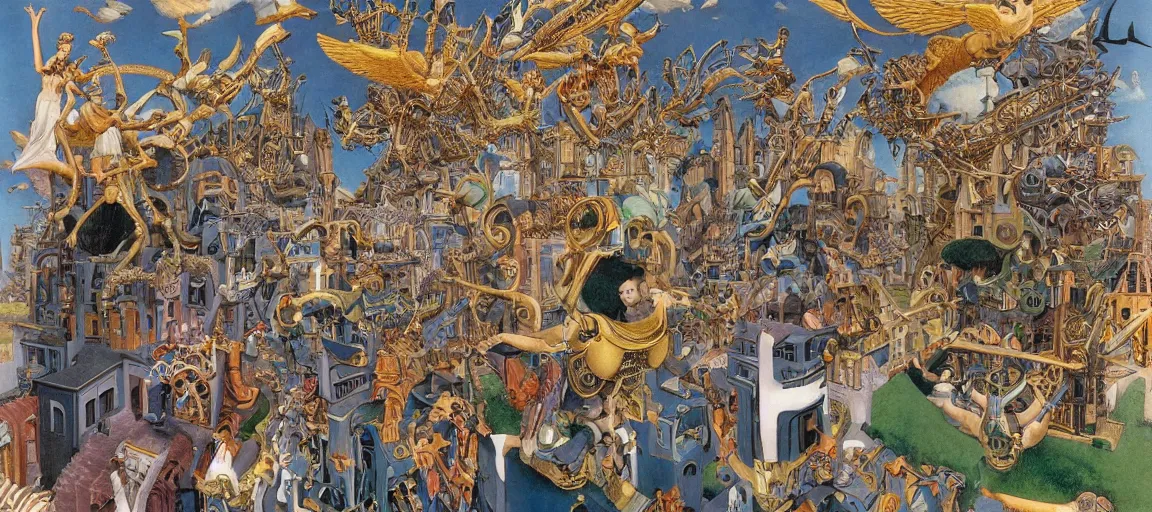 Prompt: mechanical angels descend from heaven in the middle of a small town during a carnival, surreal, majestic, epic, highly detailed, colorful, dramatic, by winsor mccay, by m. c. escher, by boris vallejo, by francesco del cossa - h 5 1 2