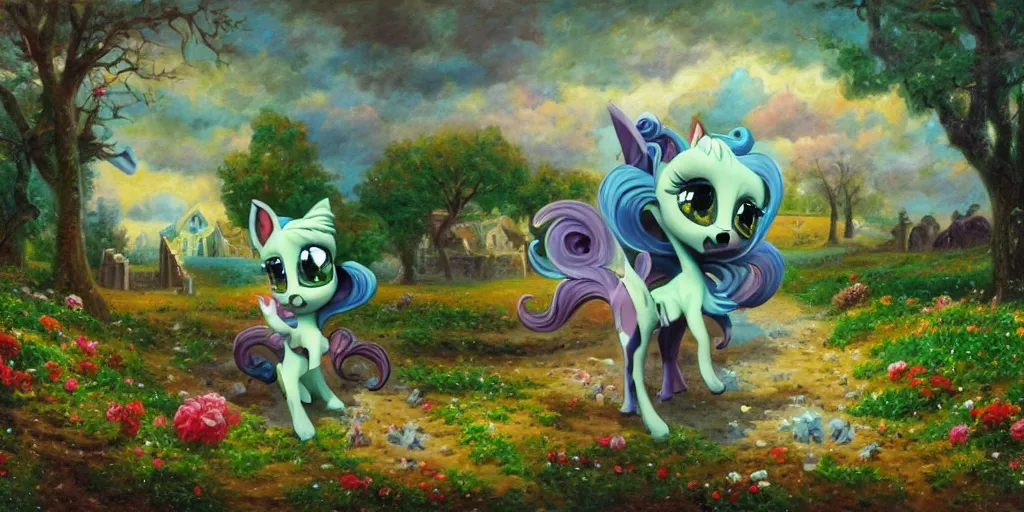 Image similar to 3 d littlest pet shop horse, spooky, graves, stars, crypt, flowers, storm, blues, greens, teals, master painter and art style of noel coypel, art of emile eisman - semenowsky, art of edouard bisson