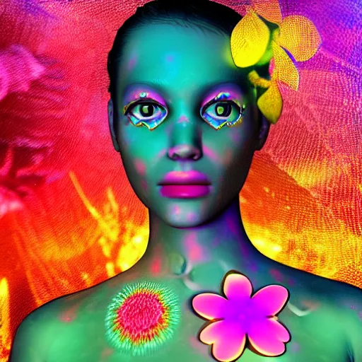 Prompt: ai - generated art, generated by an ai image generator who read this caption. tags : photorealistic, psychedelic, self - aware, design your own avatar, pretty lady with glowing flowers dress, matte painting, trending on artstation